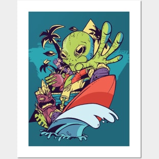 Surfing Alien on Island Vacation Posters and Art